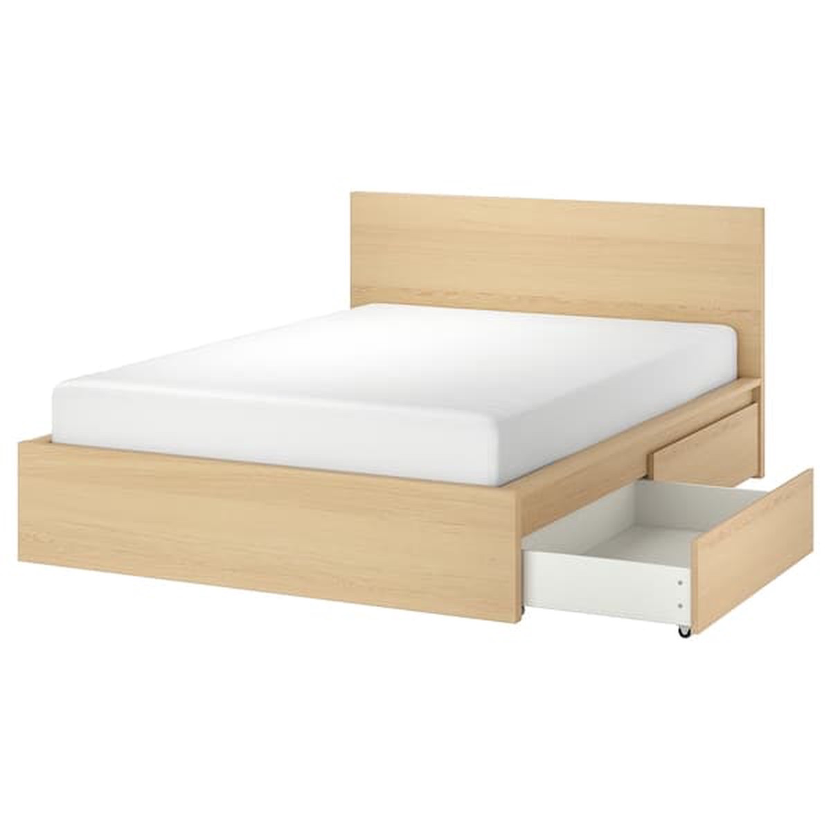 MALM bed frame, high, w 4 storage boxes, white stained oak veneer/Lnset, 180x200 cm